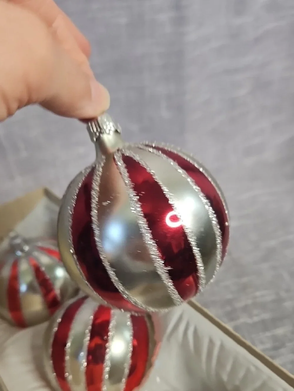 Red & Silver Striped Glass Ornament Set - 3 Pack